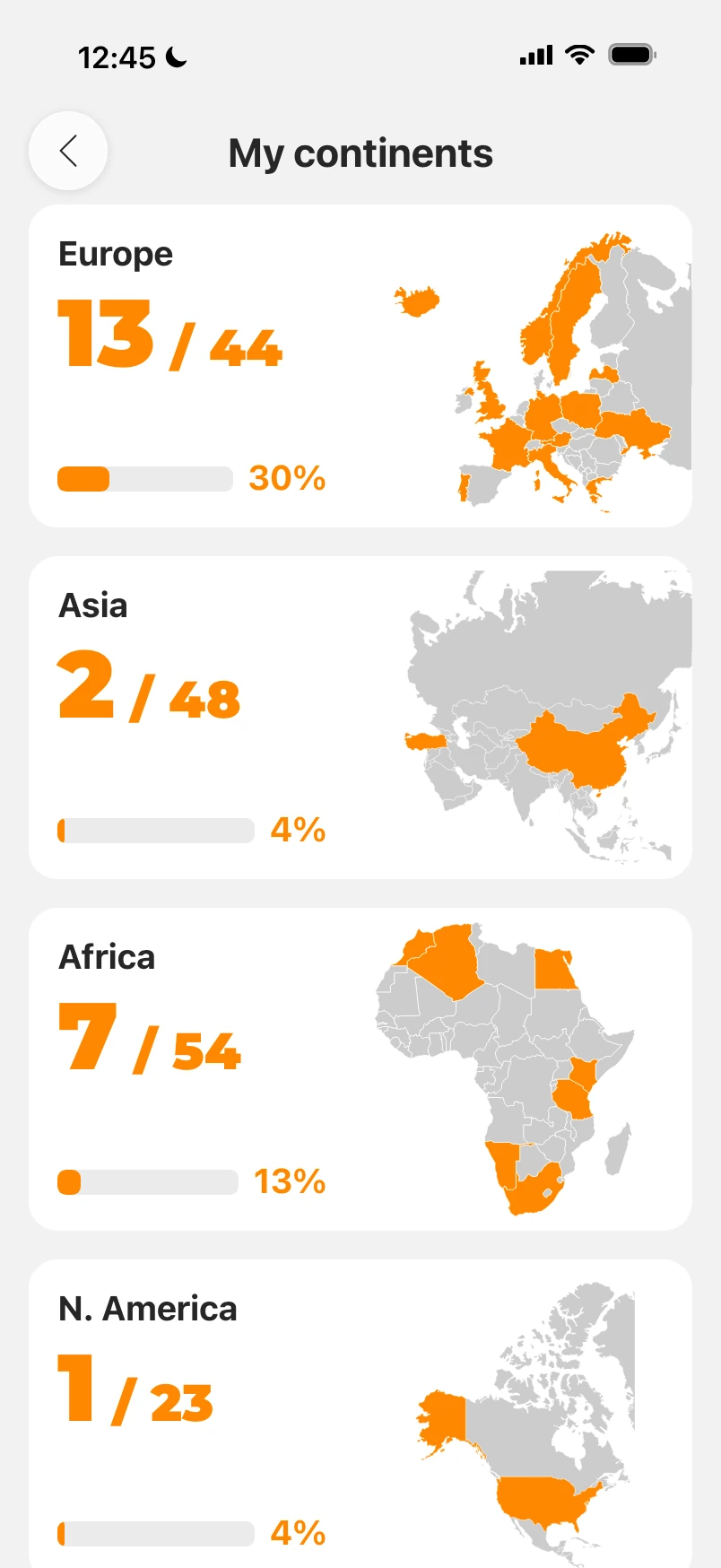 My continents screen with one card per continent: visited countries out of the total, a progress bar and the continent map
