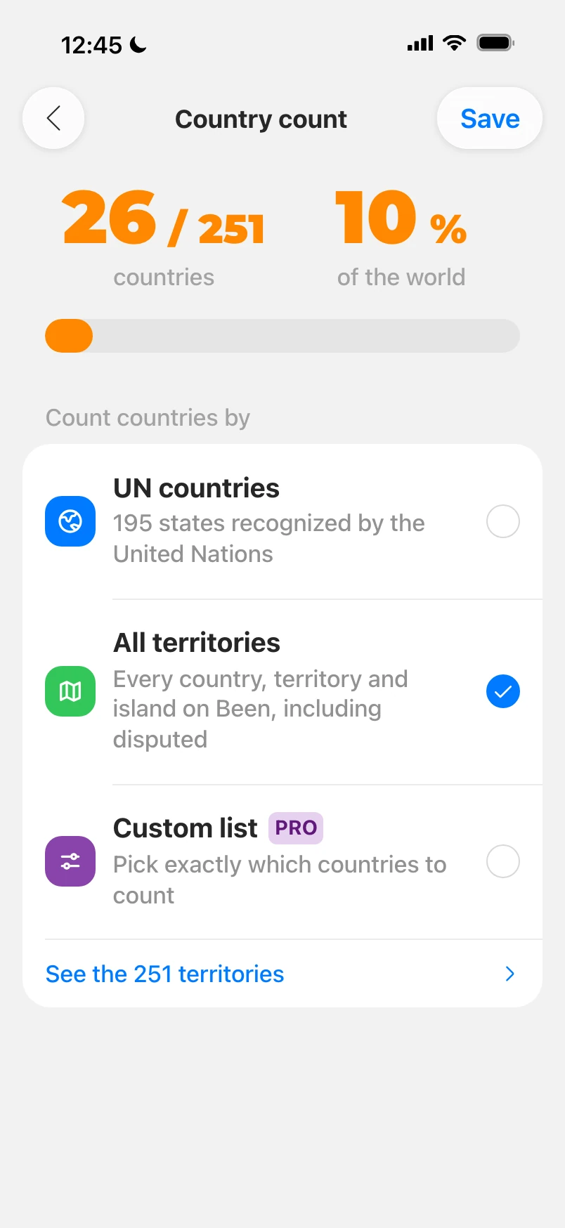 Country count settings: 26 of 251 territories counted, with UN countries, all territories and a custom list to pick from