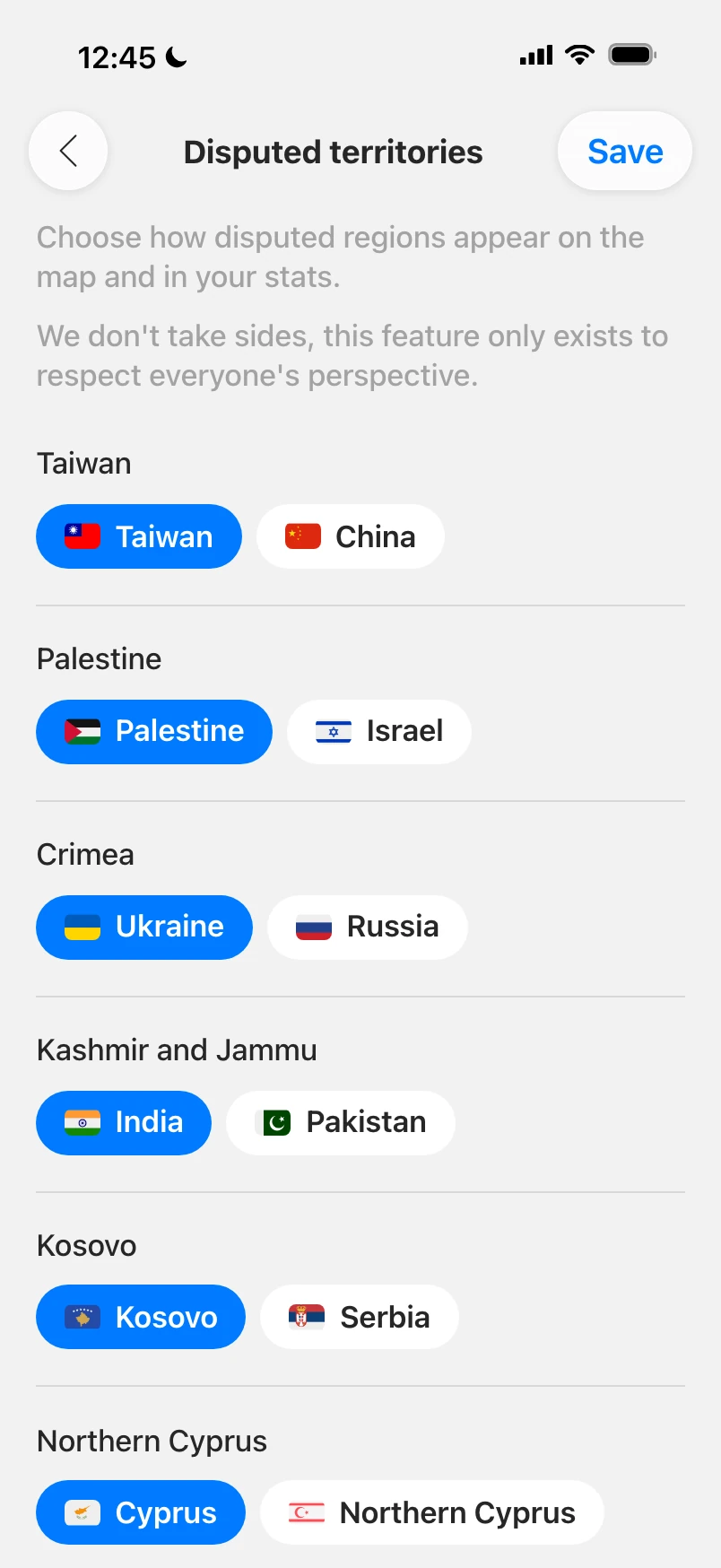 Disputed territories settings: Taiwan, Palestine, Crimea, Kashmir and Kosovo, each with two chips to choose how it appears on your map