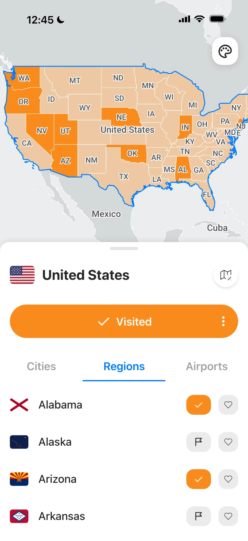 Map of the United States with visited states highlighted and the regions list below