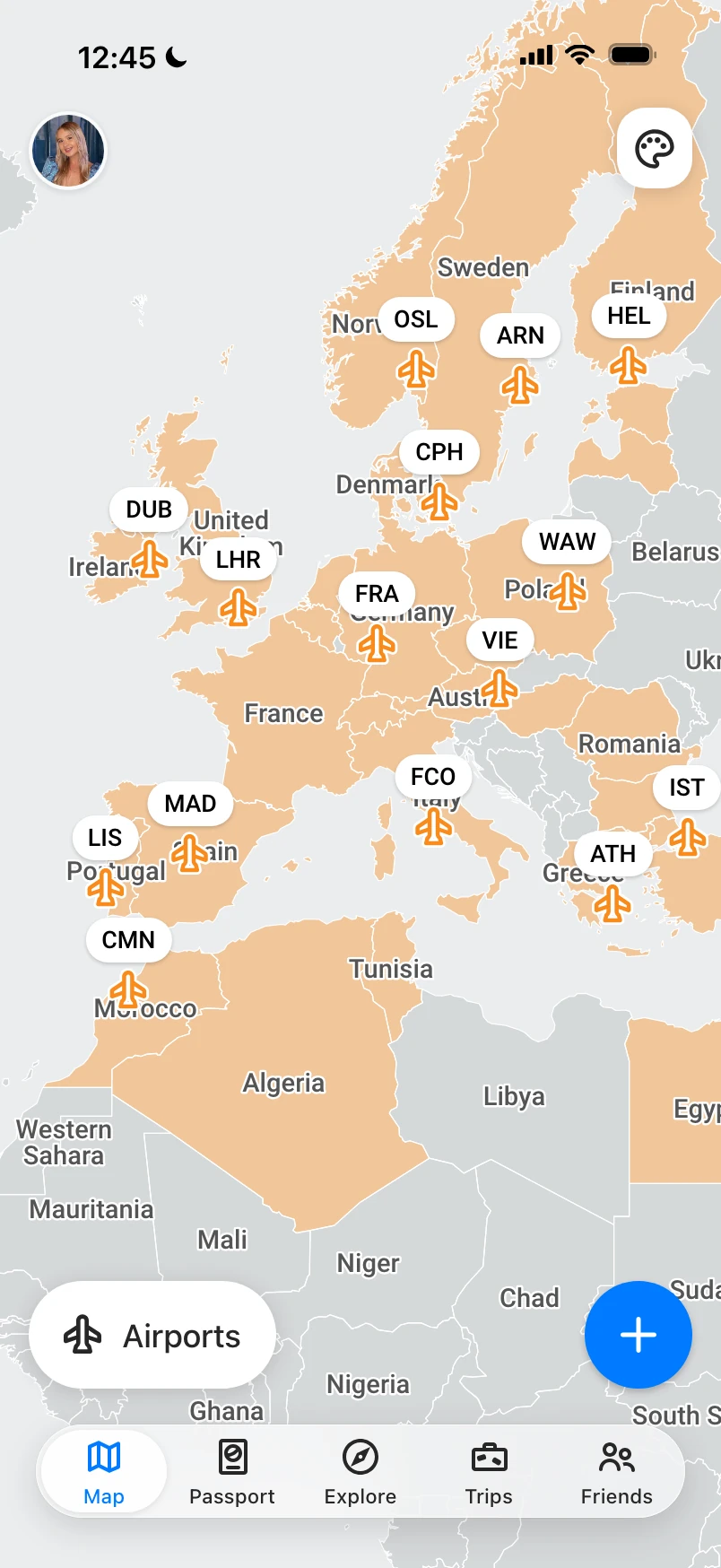 Map of Europe in airports mode with visited airports marked by their IATA codes
