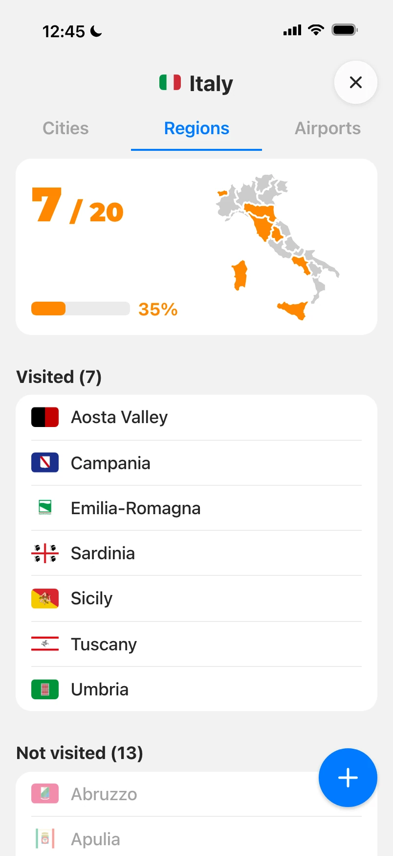 Italy's regions: 7 of 20 visited on the country map, then the visited regions listed with their flags