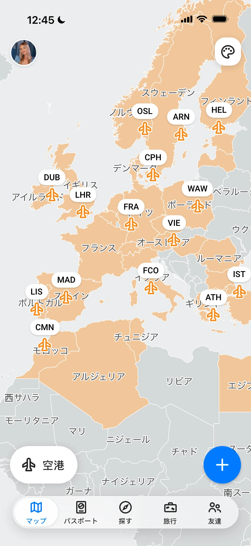 空港モードのヨーロッパ地図。訪れた空港がIATAコードで表示されている