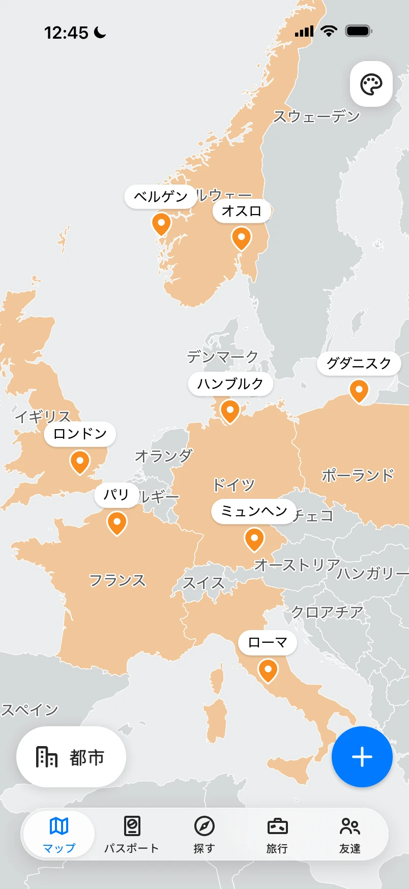 都市モードのヨーロッパ地図。訪れた都市がオレンジの点で表示されている