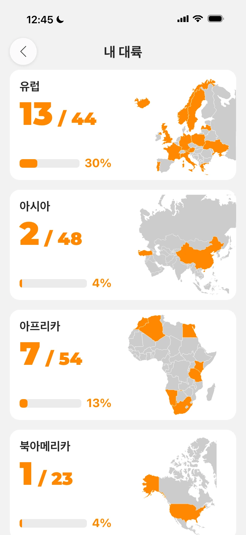 내 대륙 화면: 대륙별 카드에 전체 중 방문한 국가 수, 진행 바, 대륙 지도가 표시됨