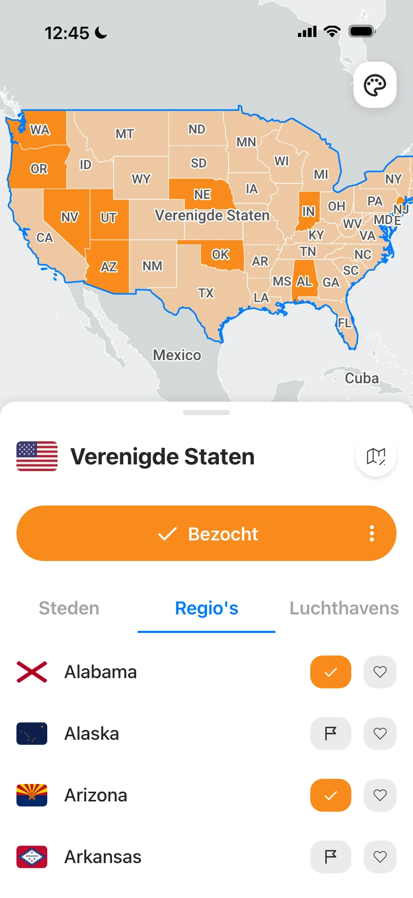 Kaart van de Verenigde Staten met de bezochte staten gemarkeerd en daaronder de lijst met regio's