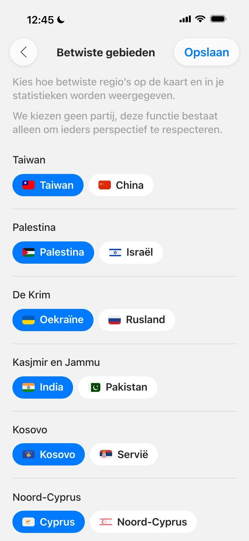 Instellingen voor betwiste gebieden: Taiwan, Palestina, de Krim, Kasjmir en Kosovo, elk met twee chips om te kiezen hoe het op je kaart verschijnt