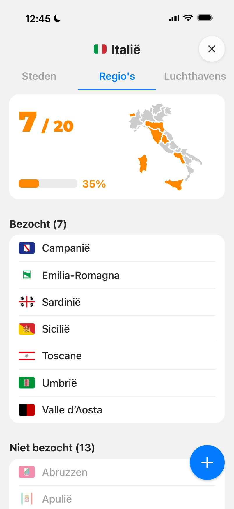 De regio's van Italië: 7 van 20 bezocht op de landkaart, daaronder de bezochte regio's met hun vlaggen