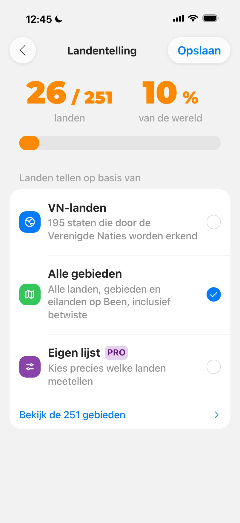 Instellingen voor de landentelling: 26 van 251 gebieden geteld, met VN-landen, alle gebieden en een eigen lijst om uit te kiezen
