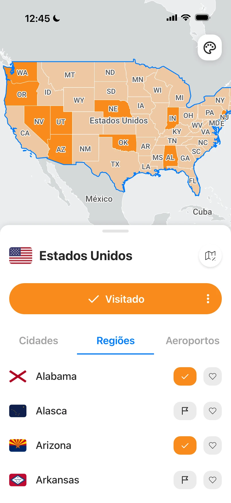 Mapa dos Estados Unidos com os estados visitados em destaque e a lista de regiões abaixo