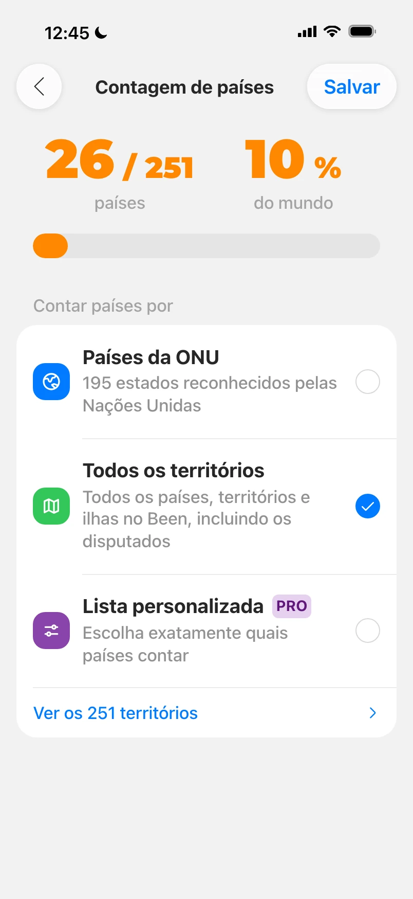 Configurações da contagem de países: 26 de 251 territórios contados, com países da ONU, todos os territórios e uma lista personalizada para escolher