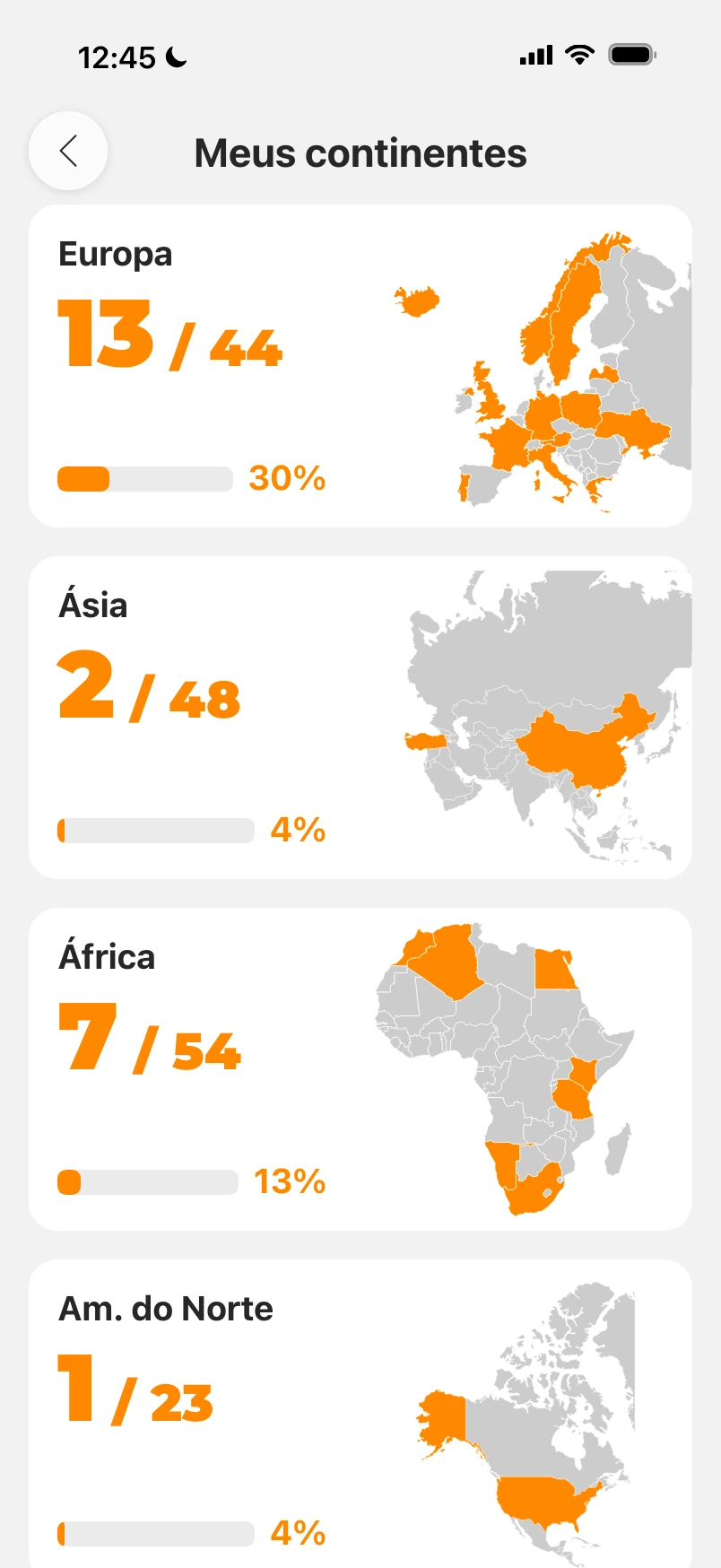 Tela Meus continentes com um cartão por continente: países visitados do total, barra de progresso e mapa do continente