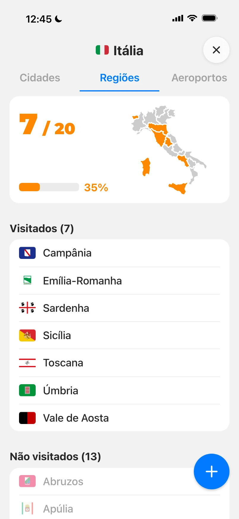 As regiões da Itália: 7 de 20 visitadas no mapa do país e, abaixo, as regiões visitadas com suas bandeiras