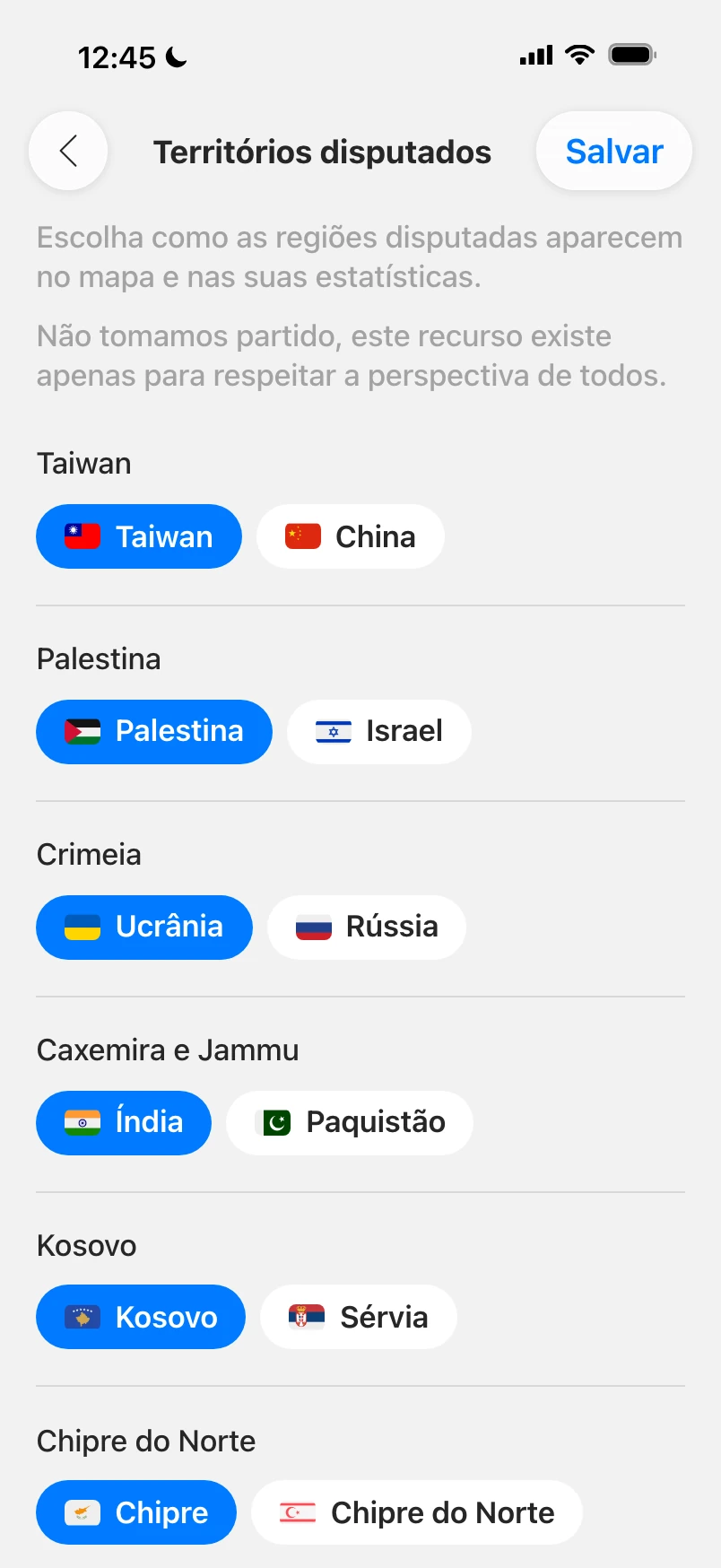 Configurações de territórios disputados: Taiwan, Palestina, Crimeia, Caxemira e Kosovo, cada um com dois chips para escolher como aparece no seu mapa