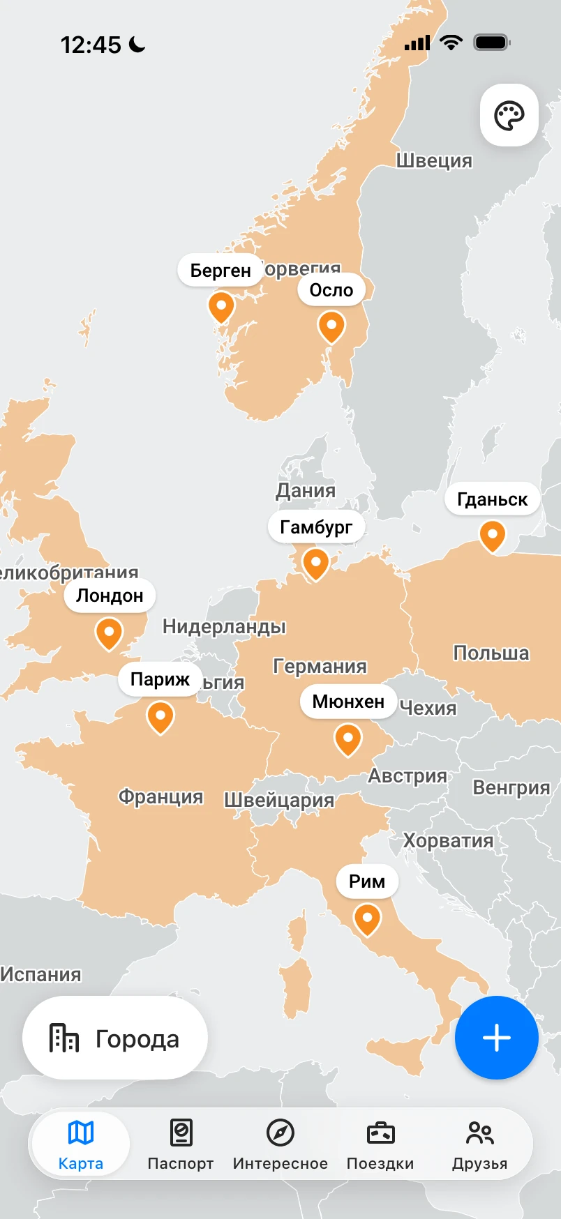Карта Европы в режиме городов, посещённые города отмечены оранжевыми точками