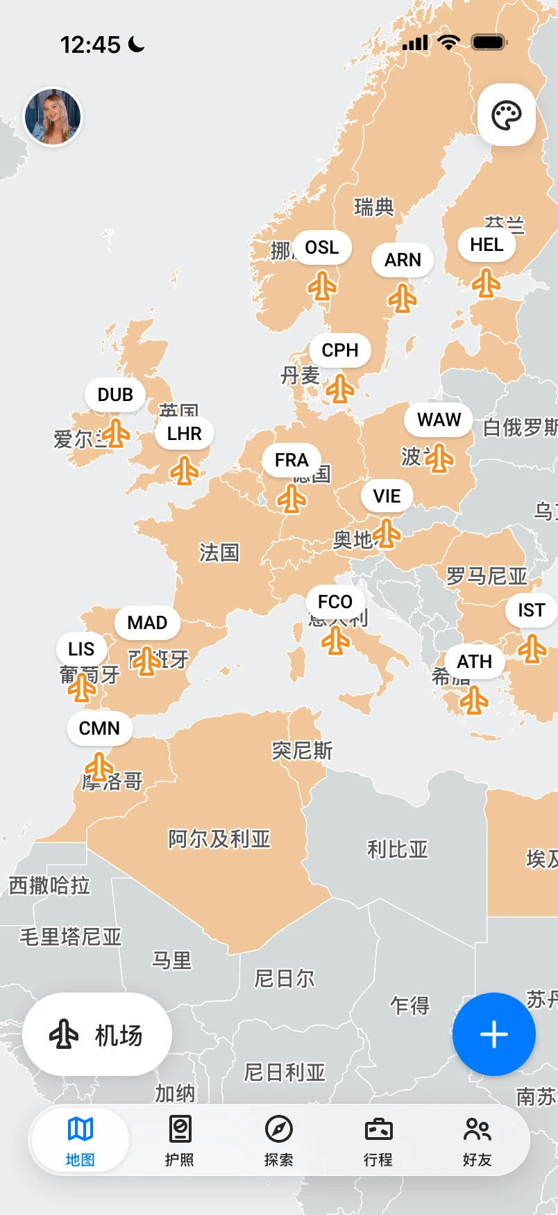 机场模式下的欧洲地图，去过的机场以 IATA 代码标记