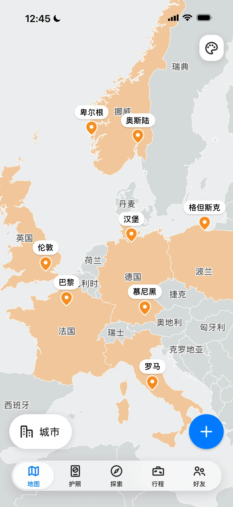 城市模式下的欧洲地图，去过的城市以橙色圆点标记