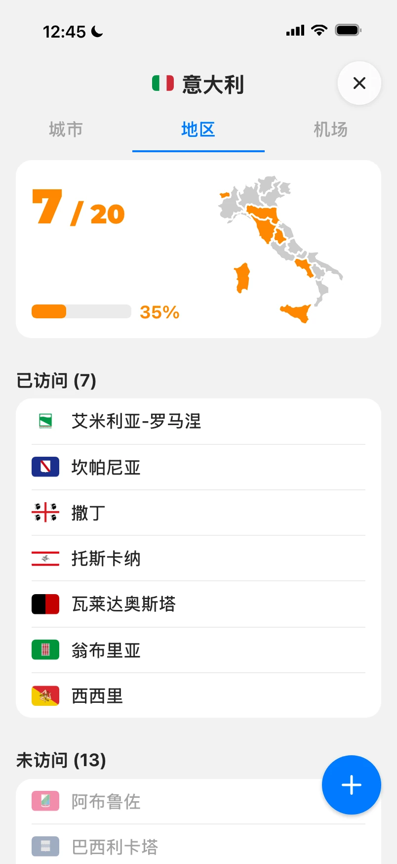 意大利的大区：国家地图上 20 个大区中已访问 7 个，下方列出去过的大区及其旗帜